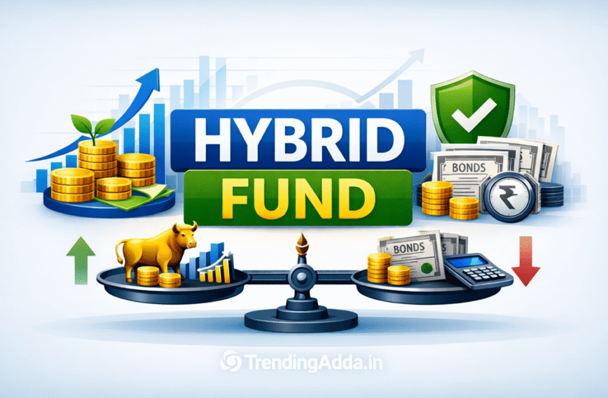 Hybrid mutual fund illustration showing balanced investment between equity and debt for stable returns, Investors