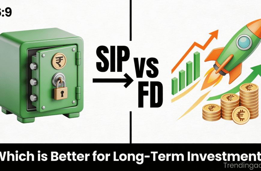 Comparison banner showing Fixed Deposit (secure green vault with fixed returns) versus SIP (dynamic rocket with equity growth charts and multiplying rupees) for long-term investment analysis, with "SIP vs FD" text and Trendingadda.in watermark.