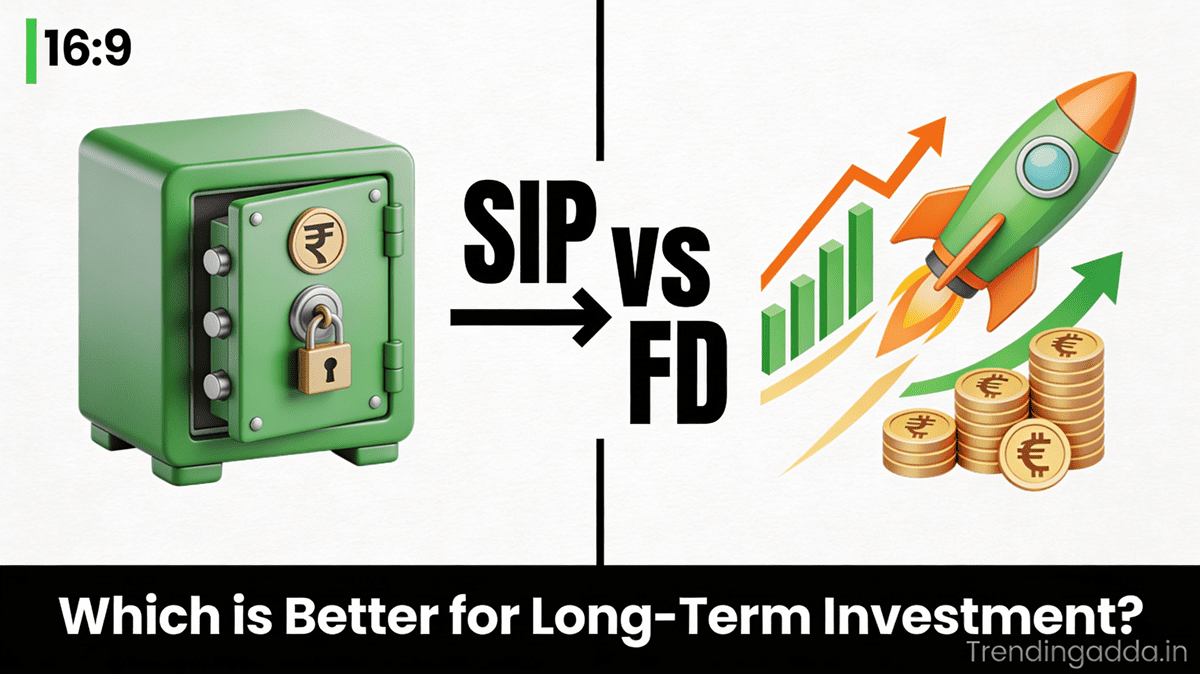 Comparison banner showing Fixed Deposit (secure green vault with fixed returns) versus SIP (dynamic rocket with equity growth charts and multiplying rupees) for long-term investment analysis, with "SIP vs FD" text and Trendingadda.in watermark.