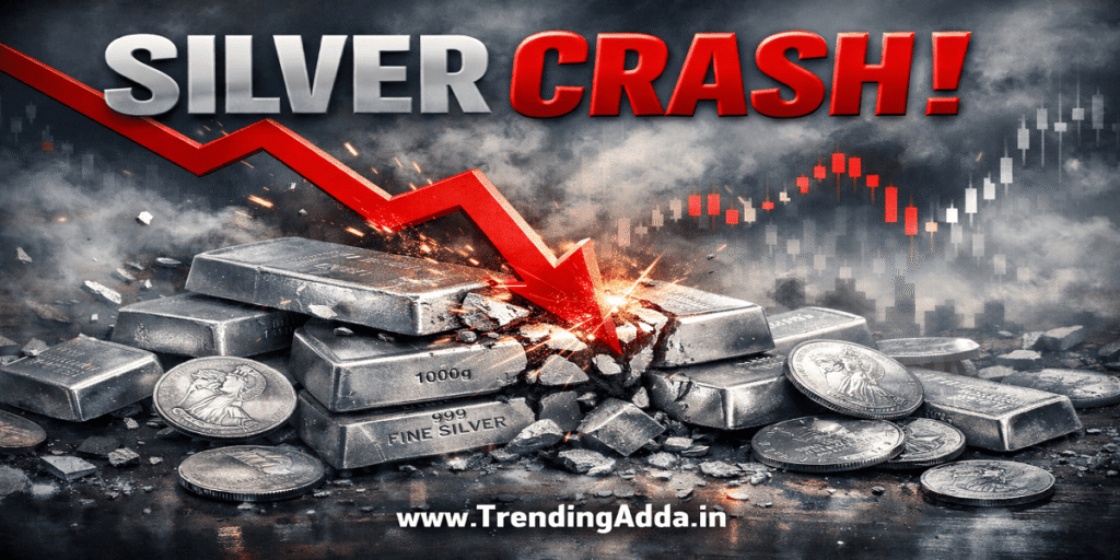 What Happens to Gold and Silver During a Market Crash? 6 Silver price crash banner showing falling silver rates and market panic | TrendingAdda.in, Market Crash, Overweight, Buy Silver