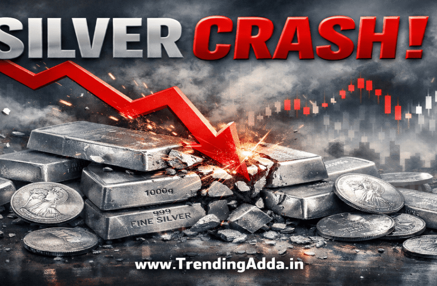 Silver price crash banner showing falling silver rates and market panic | TrendingAdda.in, Market Crash, Overweight, Buy Silver
