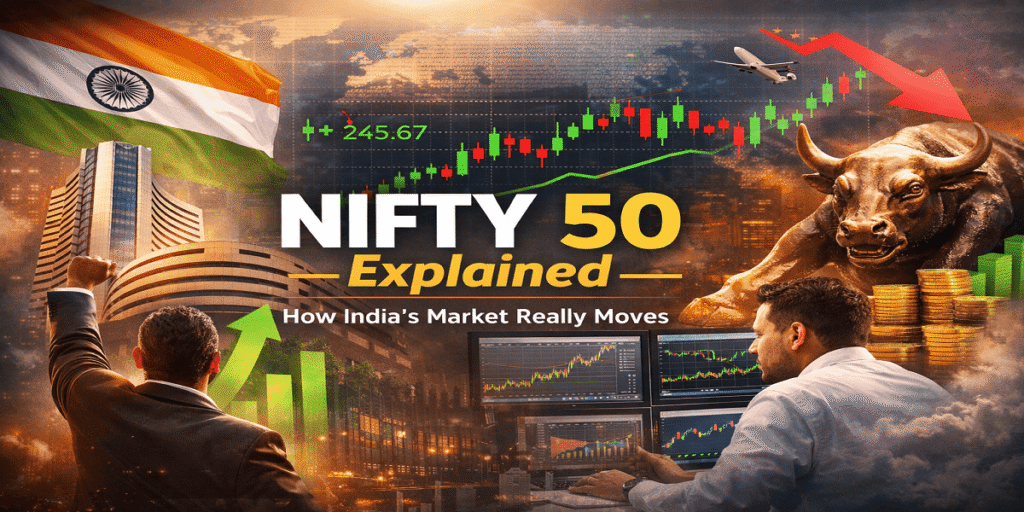Nifty 50 index explained with Indian stock market visuals, Sensex building, bull statue, and rising stock charts showing market movement trade