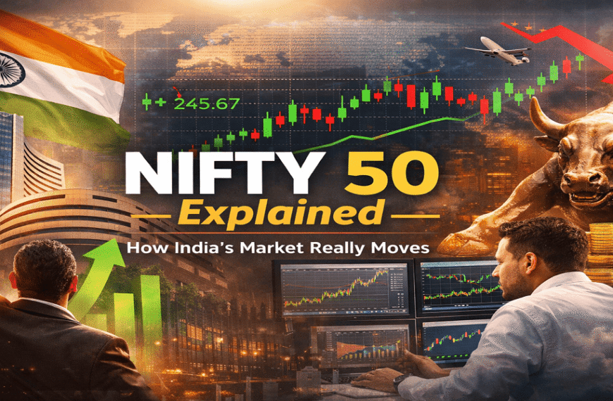 Nifty 50 index explained with Indian stock market visuals, Sensex building, bull statue, and rising stock charts showing market movement trade