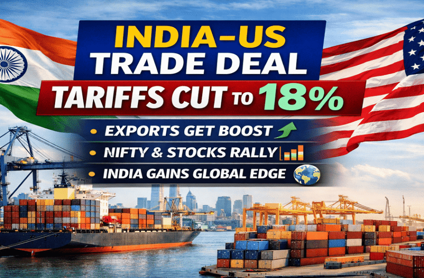 India US trade deal image showing tariff reduction to 18 percent with Indian and US flags, cargo ships, export growth, Nifty market rally and global trade impact