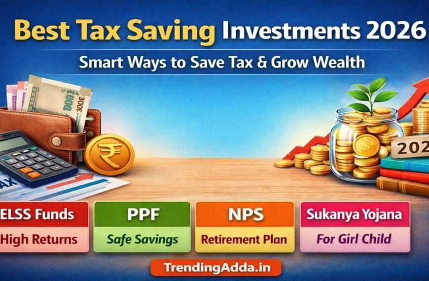 Best Tax Saving Investments 2026 infographic showing ELSS, PPF, NPS and Sukanya Yojana options with wealth growth concept