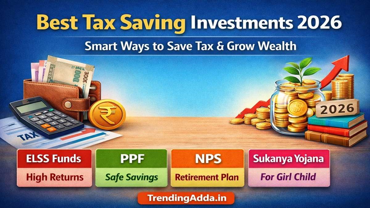 Home 11 Best Tax Saving Investments 2026 infographic showing ELSS, PPF, NPS and Sukanya Yojana options with wealth growth concept