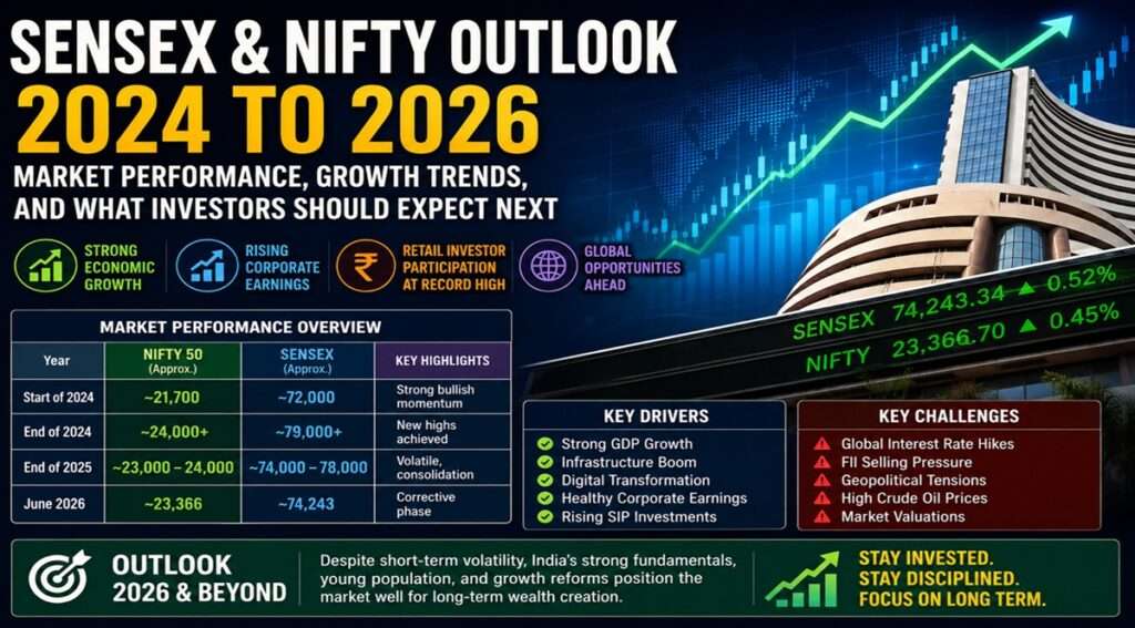 Sensex and Nifty Outlook 2024 to 2026 infographic showing market performance, growth trends, key drivers, challenges, and future stock market expectations in India.
