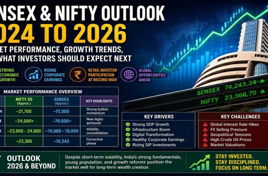 Sensex, Nifty Outlook for Monday, June 8: GIFT Nifty Falls 356 Points, Signaling Weak Market Opening 1 Sensex and Nifty Outlook 2024 to 2026 infographic showing market performance, growth trends, key drivers, challenges, and future stock market expectations in India.