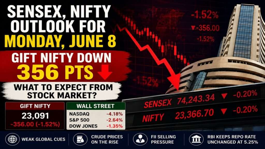 Sensex and Nifty outlook showing GIFT Nifty down 356 points with weak global market cues ahead of Monday opening
