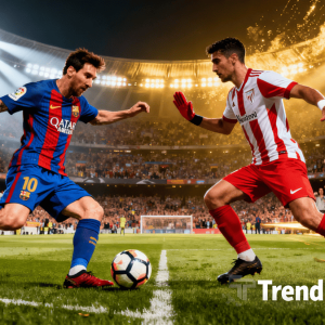 Dramatic thumbnail showing FC Barcelona and Athletic Club players in intense action on the football field, with vibrant stadium lights and an energetic crowd, featuring a Trendingadda.in watermark