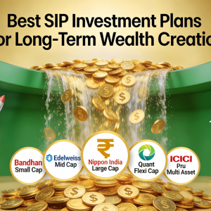 Banner featuring golden rupee coins waterfall and logos of top SIP funds like Bandhan Small Cap, Edelweiss Mid Cap, Nippon India Large Cap, Quant Flexi Cap, and ICICI Pru Multi Asset, with growth charts showing high returns for long-term wealth creation, Trendingadda.in watermark. SIP Investment