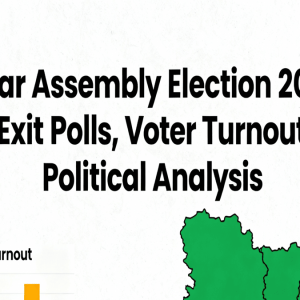 Bihar Election 2025 themed image with election symbols, ballot boxes, voter turnout charts, Bihar state map, and text about exit polls and political analysis Bihar Election
