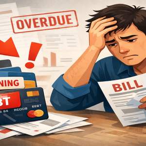 Stressed person holding credit card bills with warning signs and overdue debt, illustrating credit card mistakes.