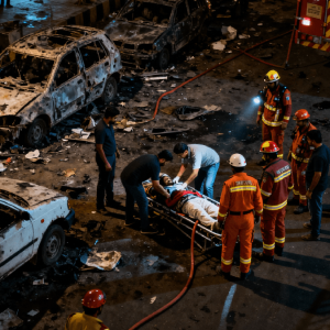 Delhi blast emergency scene illustration showing fire rescue team, damaged vehicles, debris, and emergency response at night with Trendingadda.in watermark Delhi News