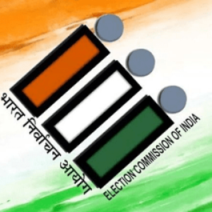 Logo of the Election Commission of India featuring three vertical bars in tricolor (orange, white, green) and Ashoka Chakra-inspired grey circles.