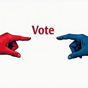 Two hands, one red and one blue, pointing toward the word "Vote" — symbolizing political choice and democratic participation.