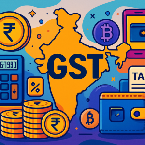 GST का डिजिटल चित्रण, भारत की नक्शा पृष्ठभूमि के साथ वित्तीय और टैक्स आइकन