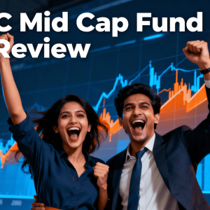 Dramatic banner showing two excited people reacting wildly with upward trending stock charts in the background, symbolizing investor enthusiasm for HDFC Mid Cap Fund﻿, with a subtle Trendingadda.in watermark. Mid Cap Funds Mid Cap Mutual