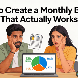 Banner showing a young Indian couple viewing a monthly budget pie chart (50/30/20 rule) on laptop with expense category icons like groceries, bills, savings piggy bank, coffee, and movies, demonstrating effective budgeting that works, with Trendingadda.in watermark