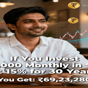 "Man in white shirt with cafe background, SIP calculation chart, headline showing ₹1,000 monthly SIP at 15% for 30 years, final amount ₹69,23,280, trendingadda.in watermark"
