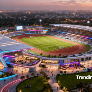 Concept image showing the redevelopment of Jawaharlal Nehru Stadium in Delhi into a modern sports city with multiple sports facilities, training centers, athlete accommodation, entertainment zones, and green spaces Delhi."