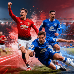 Dramatic thumbnail featuring Manchester United and Everton players in intense action under stadium lights, capturing the live match excitement with a vibrant crowd and dynamic effects, including a Trendingadda.in watermark