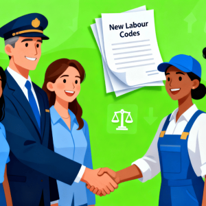 Thumbnail showing happy employees and public officials celebrating the positive impact of the New Labour Codes, with legal documents and policy icons in the background and a Trendingadda.in watermark.