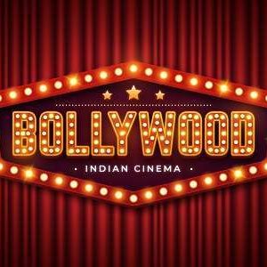 Illustration of a glowing Bollywood Indian cinema signboard with vintage lights and red curtain background