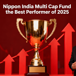 Thumbnail image depicting a trophy, ascending stock market arrows, and a confident professional person representing the success of Nippon India Multi Cap Fund as the best performer of 2025 with a subtle Trendingadda.in watermark