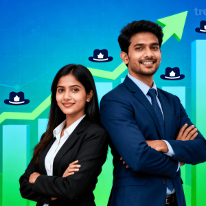 Vibrant image showing a confident man and woman standing side by side with upward trending graphs and small cap company icons, representing the Quant Small Cap Fund.