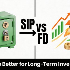 Comparison banner showing Fixed Deposit (secure green vault with fixed returns) versus SIP (dynamic rocket with equity growth charts and multiplying rupees) for long-term investment analysis, with "SIP vs FD" text and Trendingadda.in watermark.
