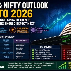 Sensex and Nifty Outlook 2024 to 2026 infographic showing market performance, growth trends, key drivers, challenges, and future stock market expectations in India.