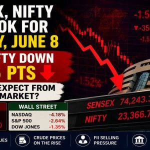 Sensex and Nifty outlook showing GIFT Nifty down 356 points with weak global market cues ahead of Monday opening