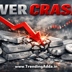 Silver price crash banner showing falling silver rates and market panic | TrendingAdda.in, Market Crash, Overweight, Buy Silver