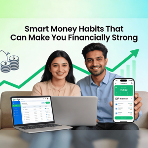 Banner showing a young Indian couple confidently viewing their budget app and SIP investments on laptop and smartphone, with icons of piggy bank, rupee coins, growth chart, insurance shield, and calendar in the background, illustrating smart money habits for financial strength, with a subtle Trendingadda.in watermark. personal finance