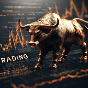 Bronze bull statue symbolizing a bullish market trend, set against a background of financial trading graphs and stock market data.