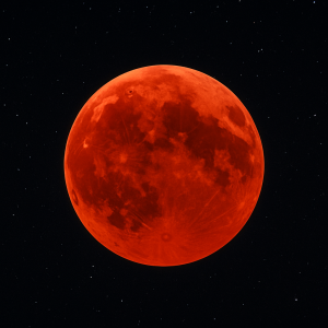 Blood Moon Eclipse during total lunar eclipse with a red-orange glow against a starry night sky.