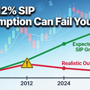Modern financial blog header graph showing diverging SIP return lines: green 12% expected growth vs. red realistic outcome, with warning icon on stock market background. Text: 'Why 12% SIP return Assumption Can Fail You