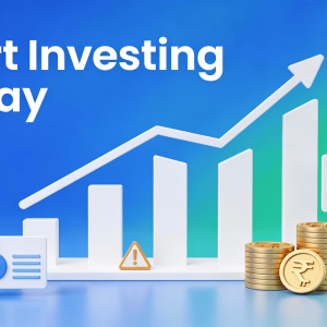 Blog header showing an upward investing growth graph with rupee symbols, coins, and a subtle risk warning icon on a blue and green background SIP Investment crypto
